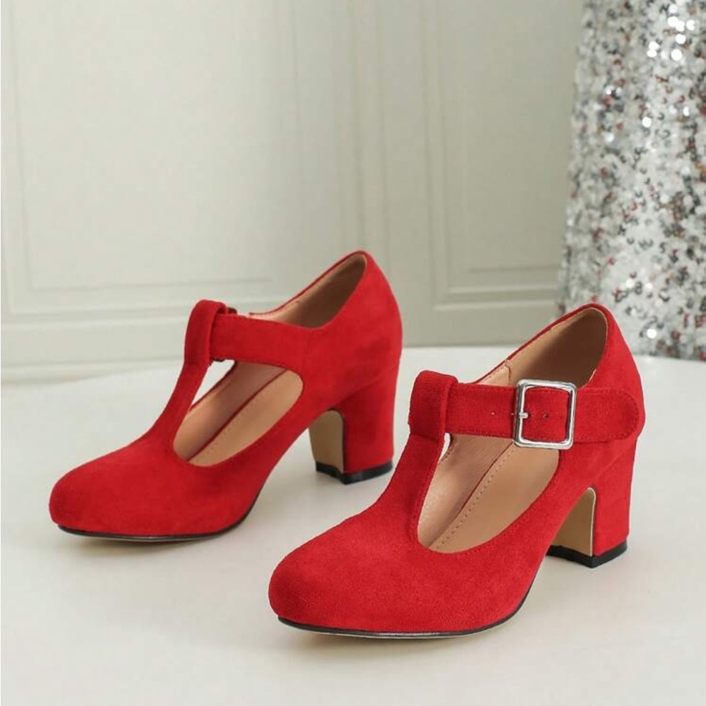 Elegant Red Women's T-Strap Heels